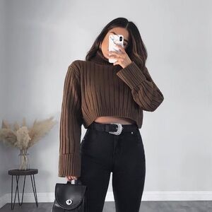 Brown Ribbed Cropped Sweater